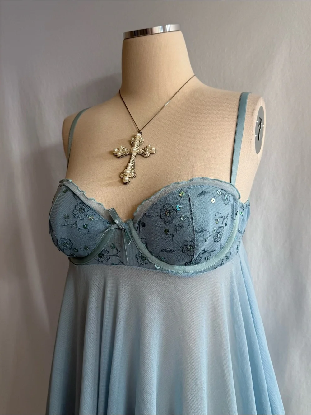 Light Blue Sheer Embroidered Babydoll Chemise